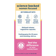 Renew Life label highlighting science backed women focused formula and women's probiotics 50 billion in delayed release capsules Renew Life label highlighting science backed women focused formula and women's probiotics 50 billion in delayed release capsules