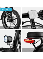 Folding Electric Bike with 350W High Speed Motor, 36V 8AH Battery, 40 KM/H Speed, 35 KM Range, Dual Disk Brakes, Carbon Alloy Frame and 16-Inch Tires, Portable Electric Bike with Dual Seat, Helmet and Safety Vest Folding Electric Bike with 350W High Speed Motor, 36V 8AH Battery, 40 KM/H Speed, 35 KM Range, Dual Disk Brakes, Carbon Alloy Frame and 16-Inch Tires, Portable Electric Bike with Dual Seat, Helmet and Safety Vest