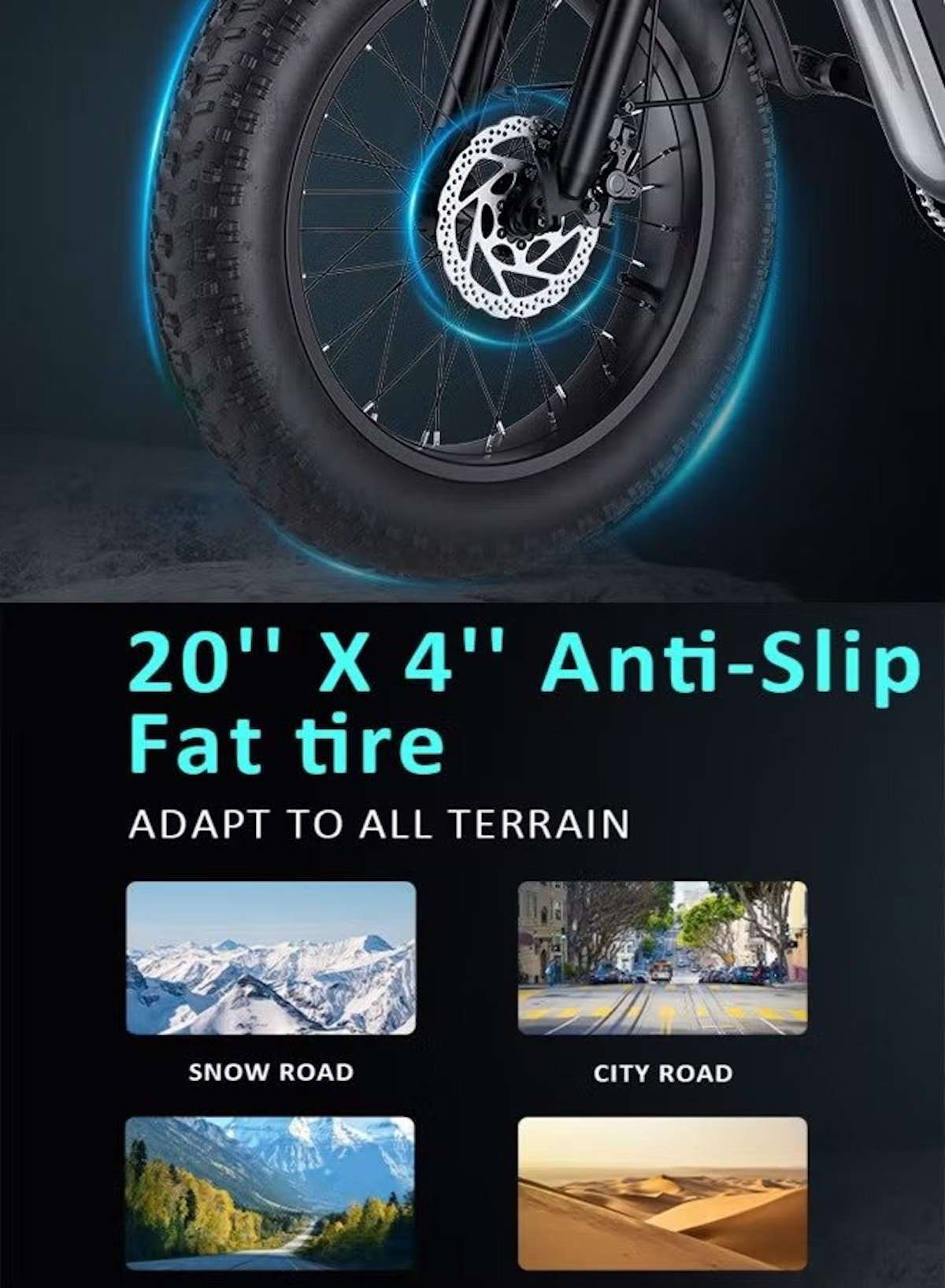 WIND HORSE electric mountain bike 1000w UAE close up of 20 inch x 4 inch anti slip fat tire for snow city desert trails WIND HORSE electric mountain bike 1000w UAE close up of 20 inch x 4 inch anti slip fat tire for snow city desert trails
