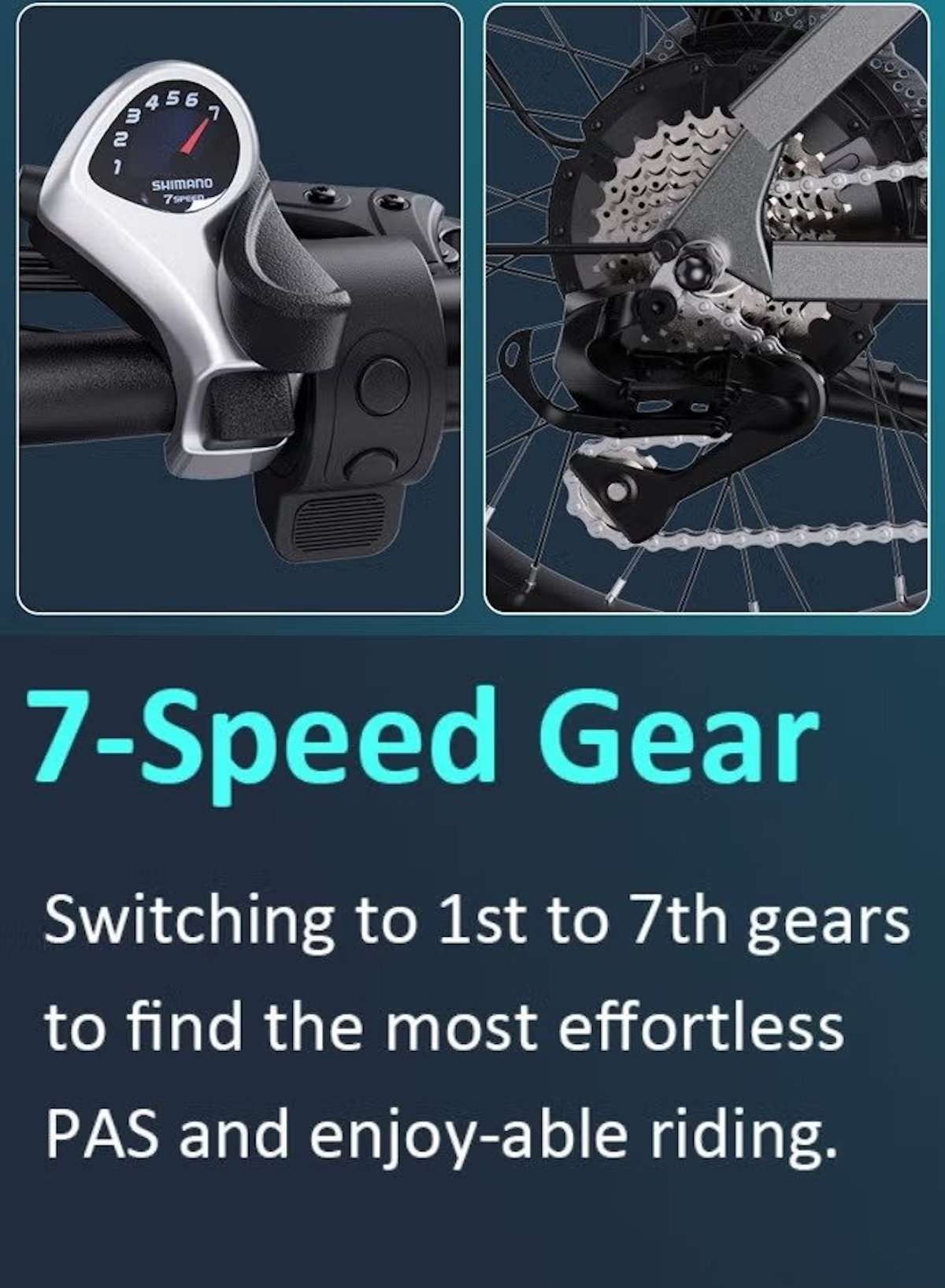 WIND HORSE electric mountain bike 1000w UAE showing 7 speed gear shifter and rear derailleur closeup WIND HORSE electric mountain bike 1000w UAE showing 7 speed gear shifter and rear derailleur closeup