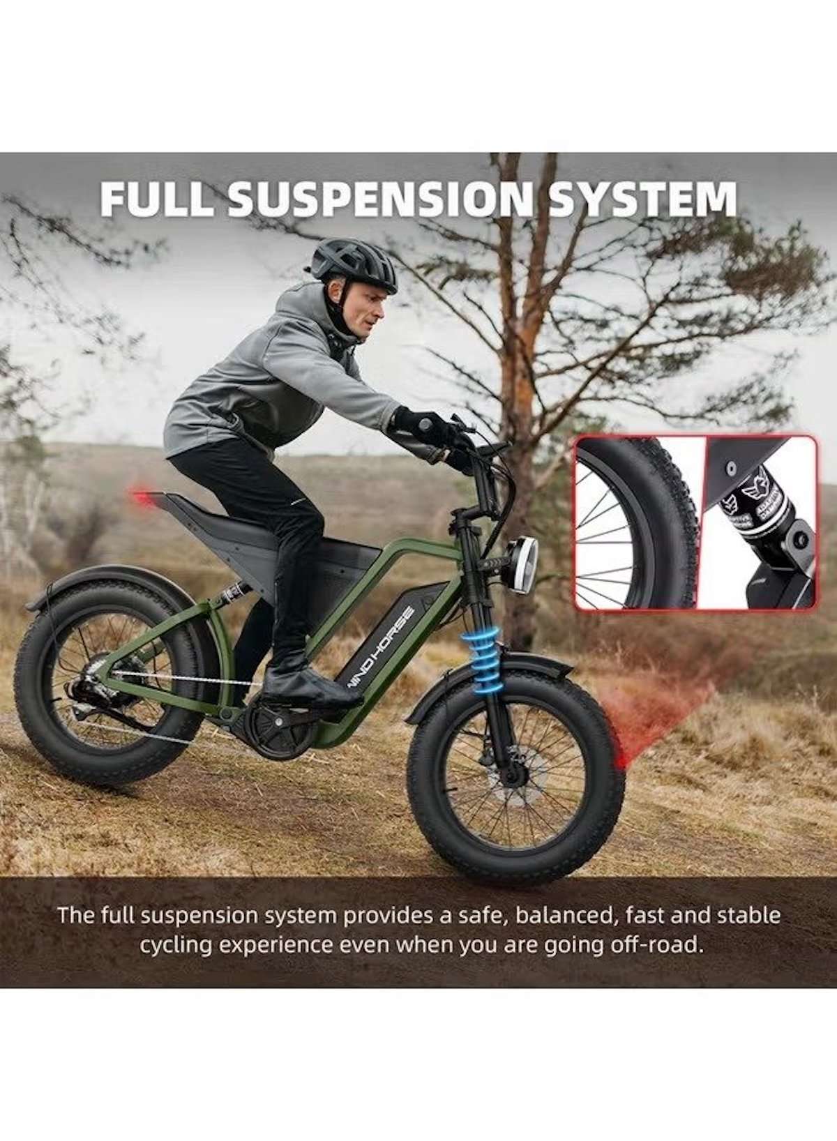 WIND HORSE electric mountain bike 1000w UAE full suspension olive green fat tire ebike ridden off road WIND HORSE electric mountain bike 1000w UAE full suspension olive green fat tire ebike ridden off road