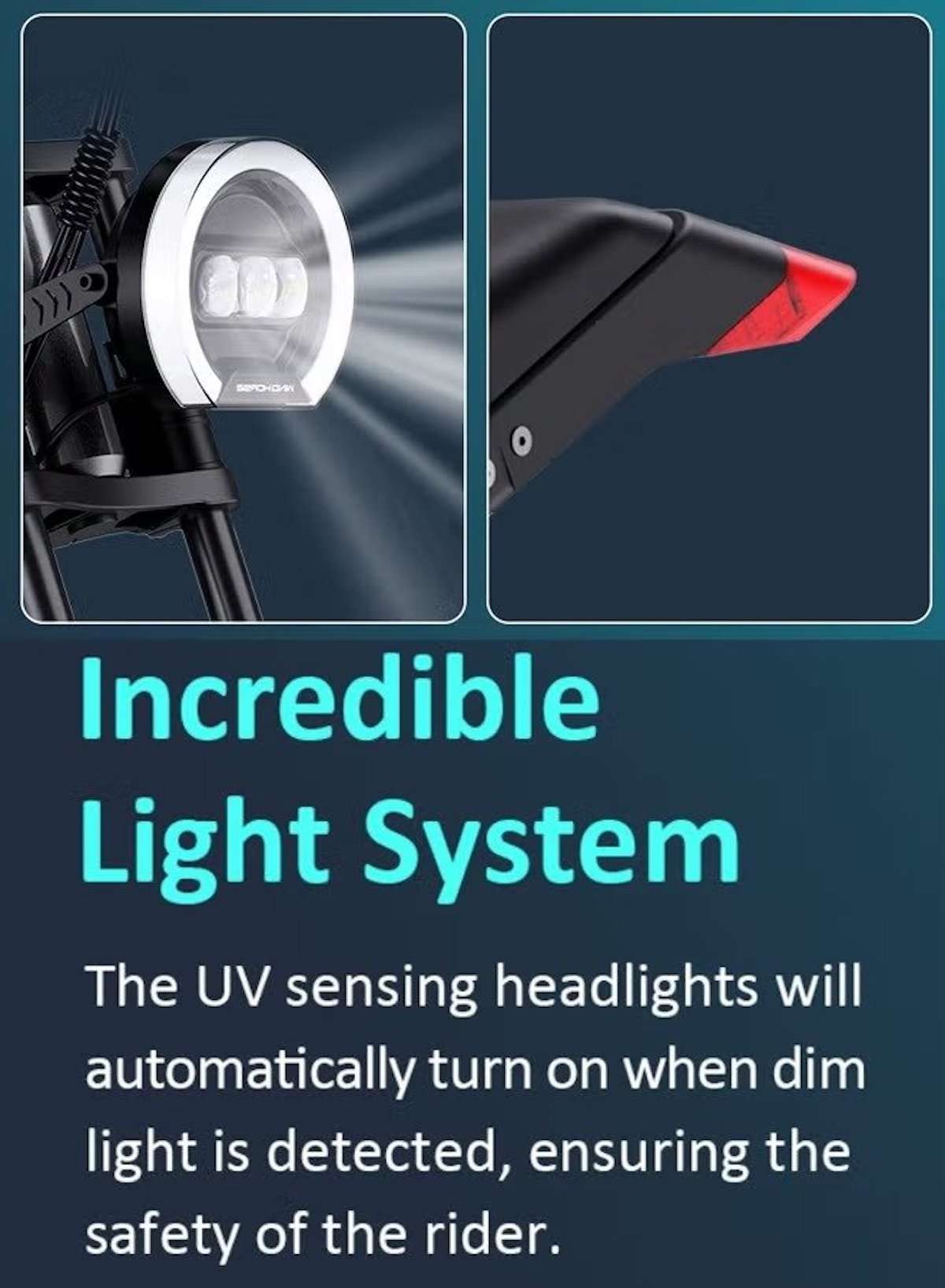 WIND HORSE electric mountain bike 1000w UAE close up of UV sensing headlight and rear taillight on fender WIND HORSE electric mountain bike 1000w UAE close up of UV sensing headlight and rear taillight on fender