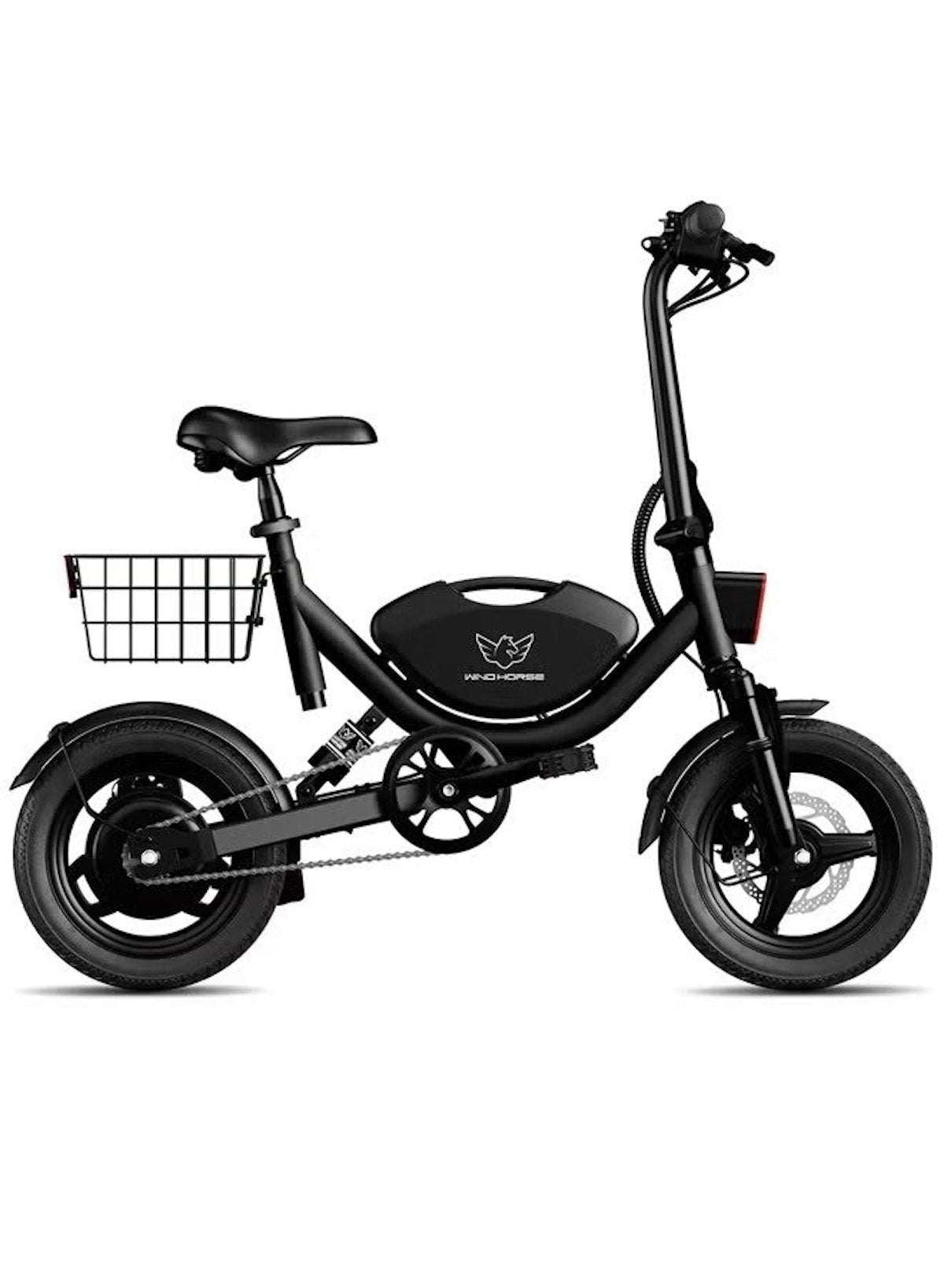 WIND HORSE black compact ebike with rear basket and fat tires electric scooter for adults city commuting WIND HORSE black compact ebike with rear basket and fat tires electric scooter for adults city commuting