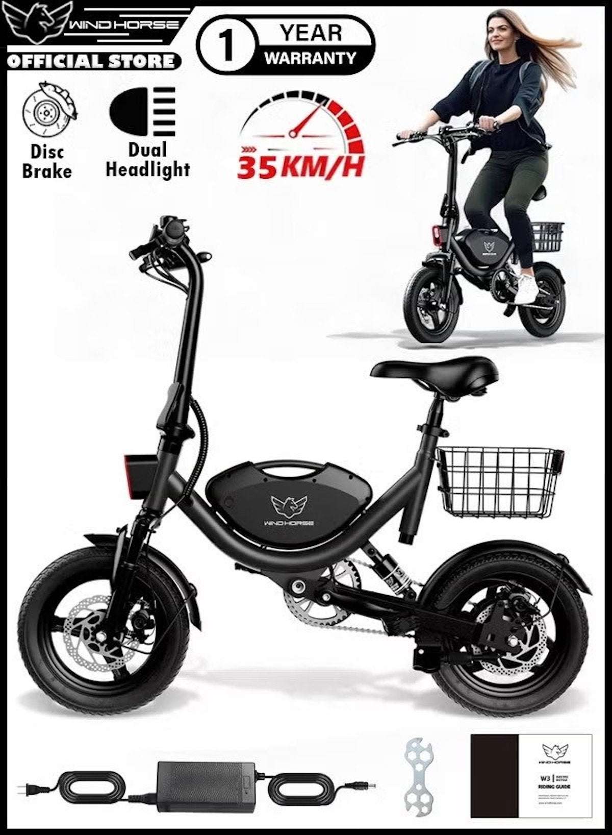 Wind Horse black compact electric scooter for adults with front basket disc brakes dual headlight and charger Wind Horse black compact electric scooter for adults with front basket disc brakes dual headlight and charger