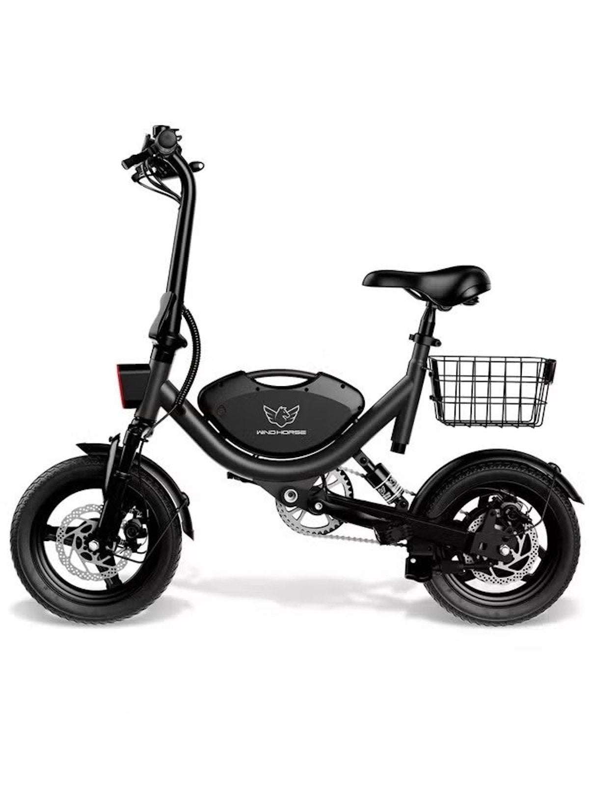 WIND HORSE compact black ebike with seat rear basket and fat tires ideal electric scooter for adults urban commute WIND HORSE compact black ebike with seat rear basket and fat tires ideal electric scooter for adults urban commute