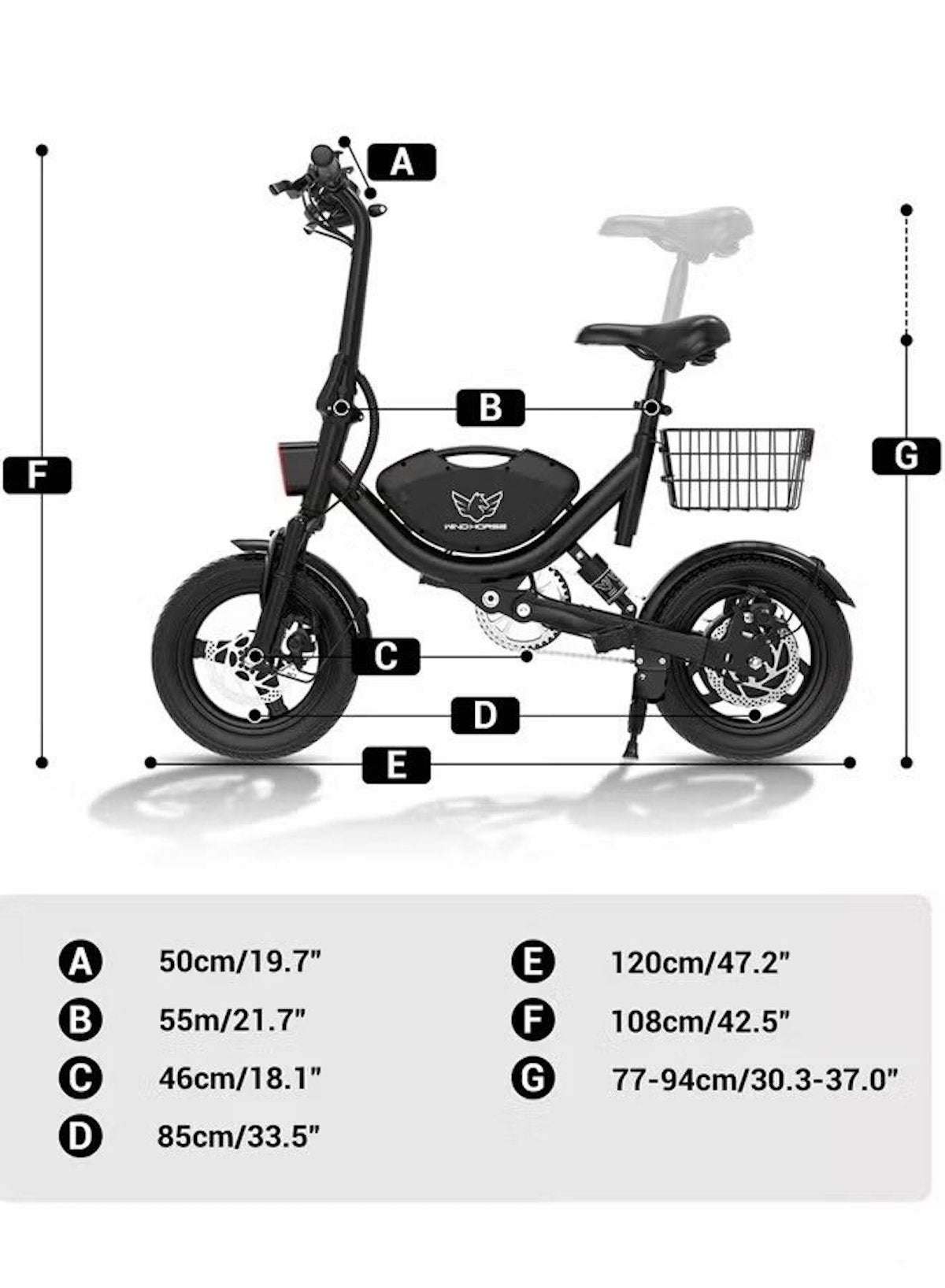 WIND HORSE electric scooter for adults small e bike with rear basket and side view diagram showing dimensions WIND HORSE electric scooter for adults small e bike with rear basket and side view diagram showing dimensions