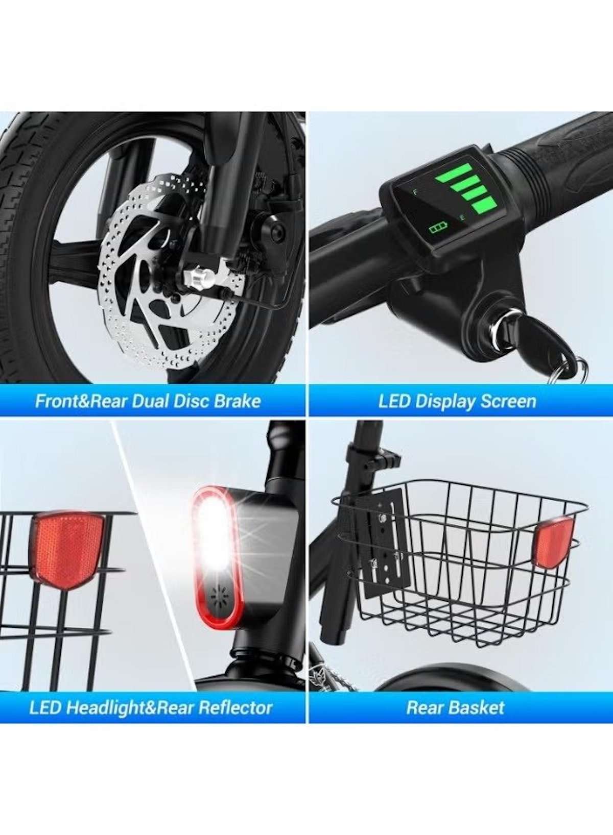 WIND HORSE e bike closeups showing front and rear dual disc brakes LED display headlight rear basket electric scooter for adults WIND HORSE e bike closeups showing front and rear dual disc brakes LED display headlight rear basket electric scooter for adults