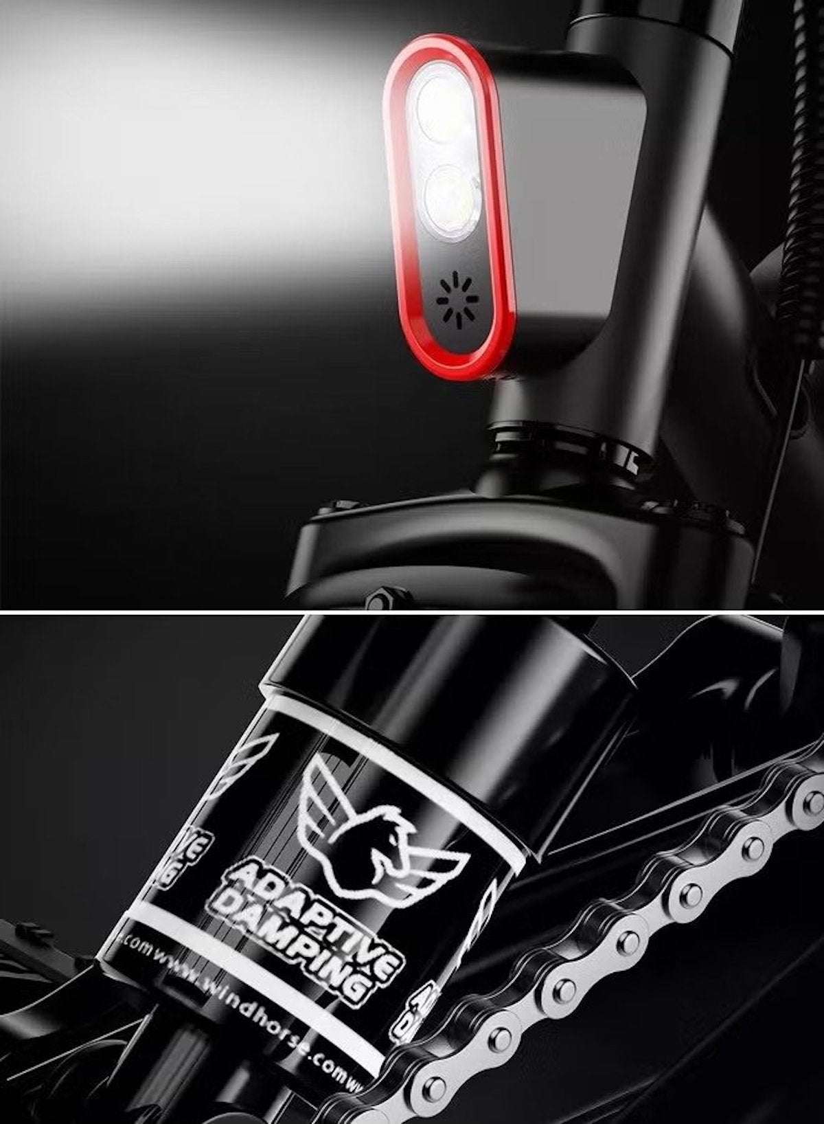 WIND HORSE E Bikes close up of front LED headlight and adaptive damping shock near chain on electric scooter for adults WIND HORSE E Bikes close up of front LED headlight and adaptive damping shock near chain on electric scooter for adults