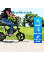 WIND HORSE compact electric scooter for adults with seat and rear basket showing three ride modes and 35 km max speed WIND HORSE compact electric scooter for adults with seat and rear basket showing three ride modes and 35 km max speed
