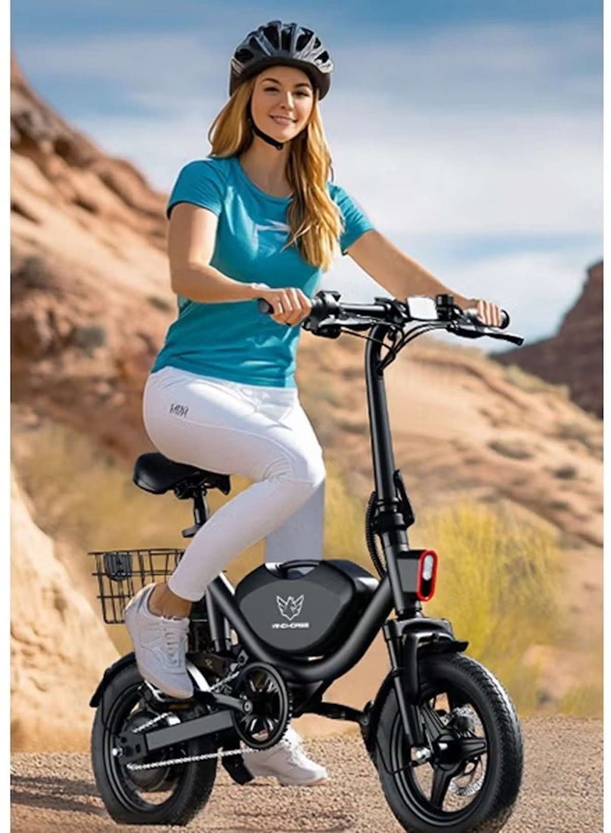 WIND HORSE compact black ebike ridden by smiling woman on trail electric scooter for adults with rear basket WIND HORSE compact black ebike ridden by smiling woman on trail electric scooter for adults with rear basket
