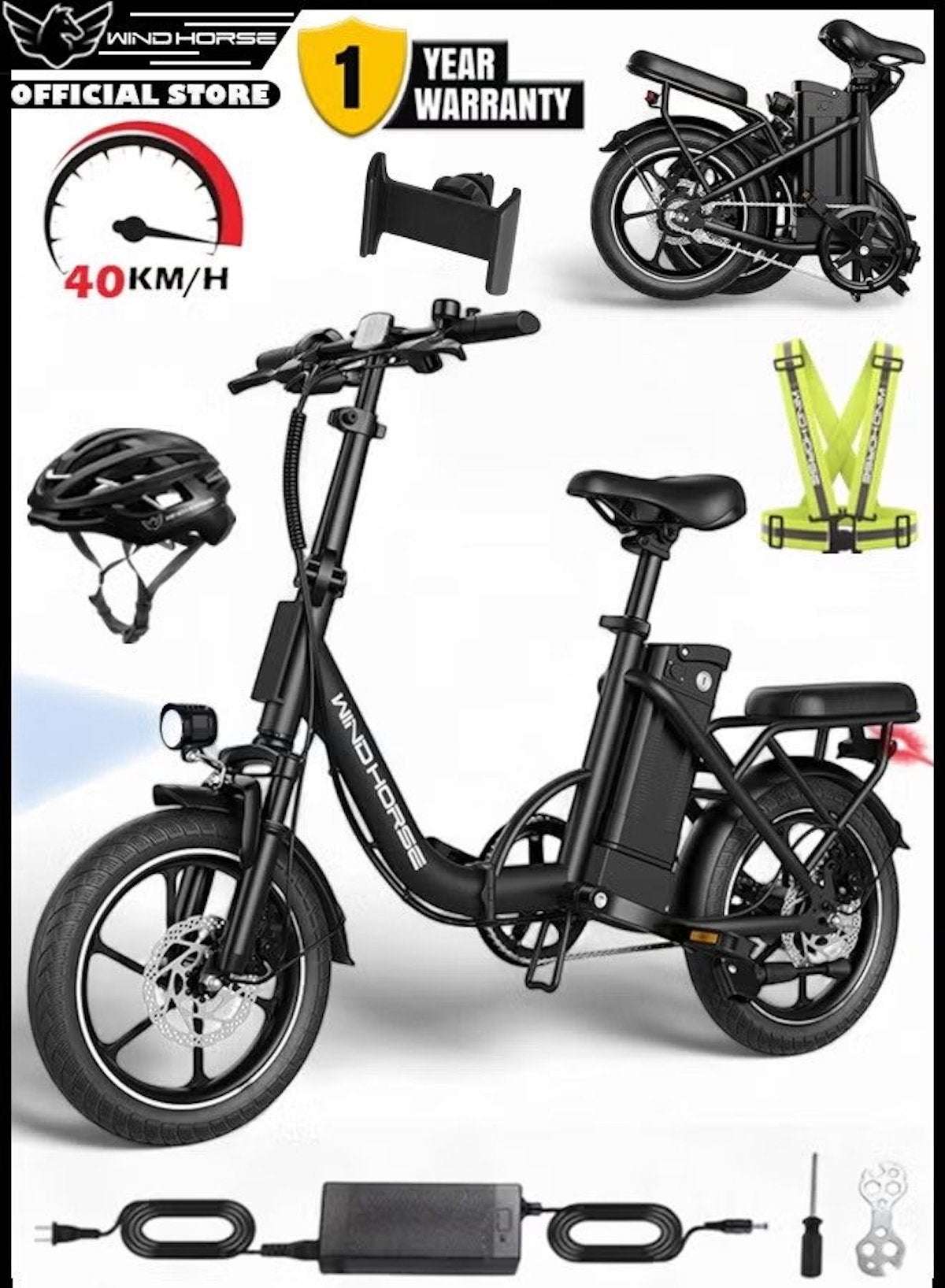 WIND HORSE folding electric bike black with removable battery rear rack front LED light and charger WIND HORSE folding electric bike black with removable battery rear rack front LED light and charger