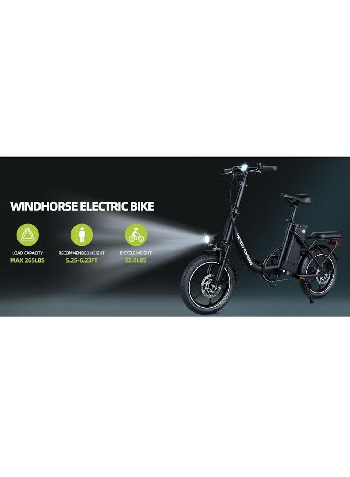 WIND HORSE folding electric bike black step through frame with rear rack battery LED headlight and small wheels WIND HORSE folding electric bike black step through frame with rear rack battery LED headlight and small wheels