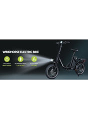 WIND HORSE folding electric bike black step through frame with rear rack battery LED headlight and small wheels WIND HORSE folding electric bike black step through frame with rear rack battery LED headlight and small wheels