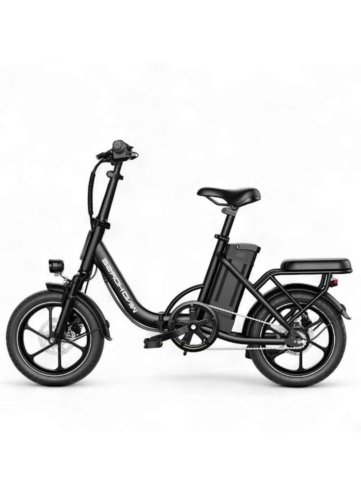 WIND HORSE folding electric bike black step through frame with removable battery rear rack and commuter design WIND HORSE folding electric bike black step through frame with removable battery rear rack and commuter design