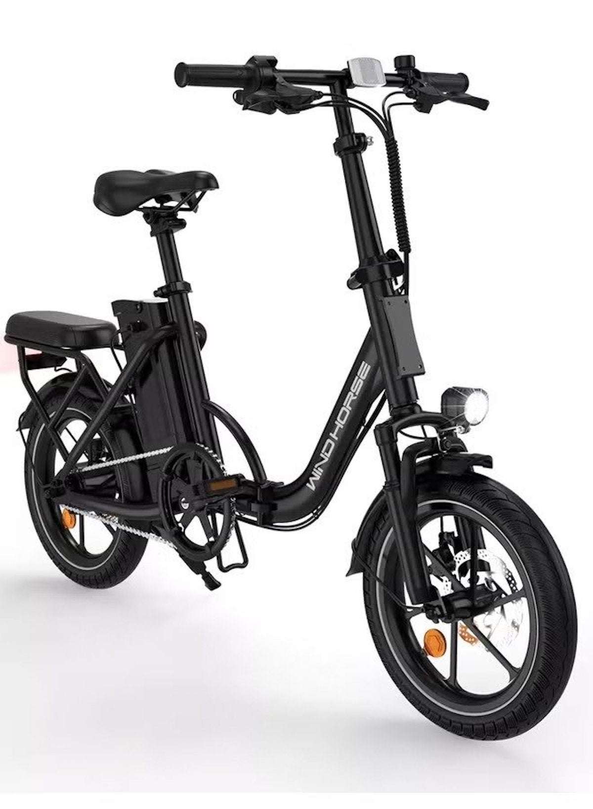 WIND HORSE folding electric bike black step through frame integrated battery rear rack and headlight WIND HORSE folding electric bike black step through frame integrated battery rear rack and headlight