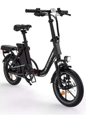 WIND HORSE folding electric bike black step through frame integrated battery rear rack and headlight WIND HORSE folding electric bike black step through frame integrated battery rear rack and headlight