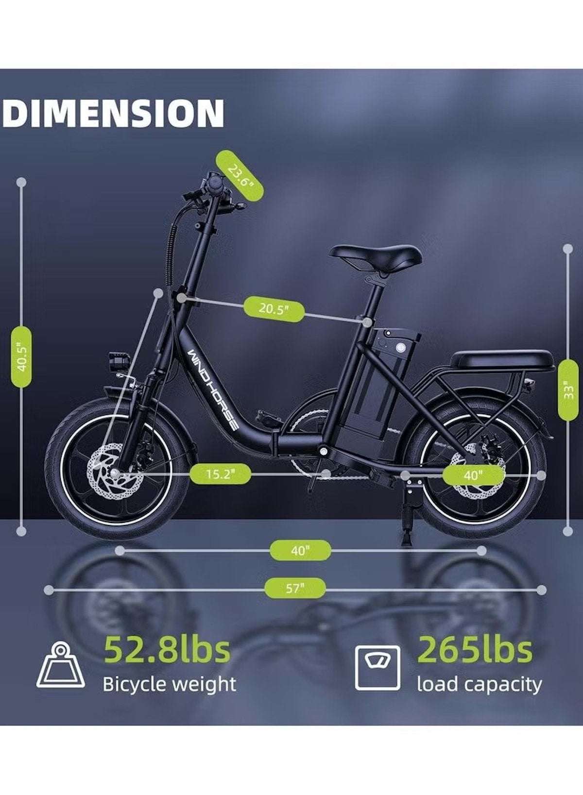 WIND HORSE folding electric bike side view showing dimensions about 53 lbs weight 265 lbs load capacity WIND HORSE folding electric bike side view showing dimensions about 53 lbs weight 265 lbs load capacity