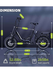 WIND HORSE folding electric bike side view showing dimensions about 53 lbs weight 265 lbs load capacity WIND HORSE folding electric bike side view showing dimensions about 53 lbs weight 265 lbs load capacity