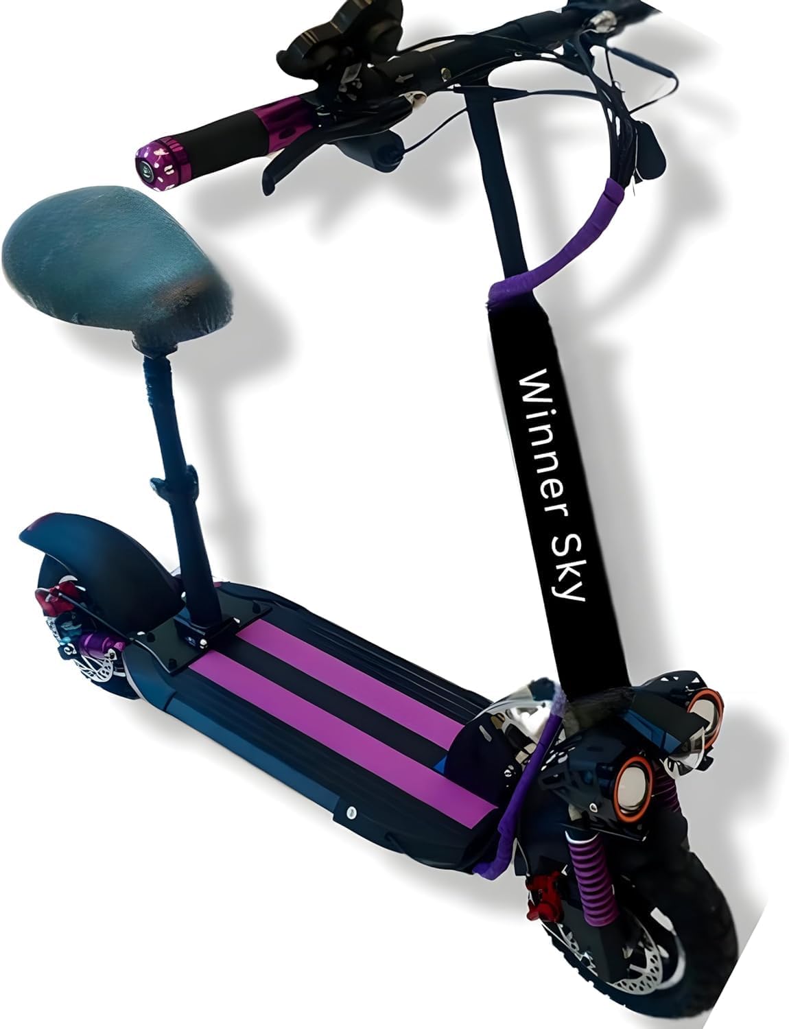 Winner sky 1200W high power electric scooter in black and purple with seat and front suspension Winner sky 1200W high power electric scooter in black and purple with seat and front suspension