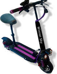 Winner sky 1200W high power electric scooter in black and purple with seat and front suspension Winner sky 1200W high power electric scooter in black and purple with seat and front suspension