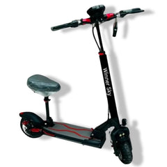 Winner Sky E10 electric scooter black with seat, red accents, and wide tires for smooth urban riding Winner Sky E10 electric scooter black with seat, red accents, and wide tires for smooth urban riding