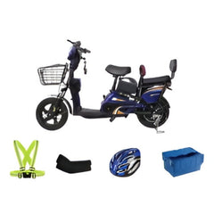 Winner sky electric grocery bike in blue with front basket, safety gear, helmet, and blue storage bag Winner sky electric grocery bike in blue with front basket, safety gear, helmet, and blue storage bag