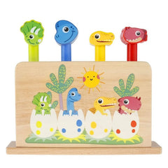 Huitich wooden dinosaur pop up toy for toddlers with colorful dinosaur heads and egg designs Huitich wooden dinosaur pop up toy for toddlers with colorful dinosaur heads and egg designs