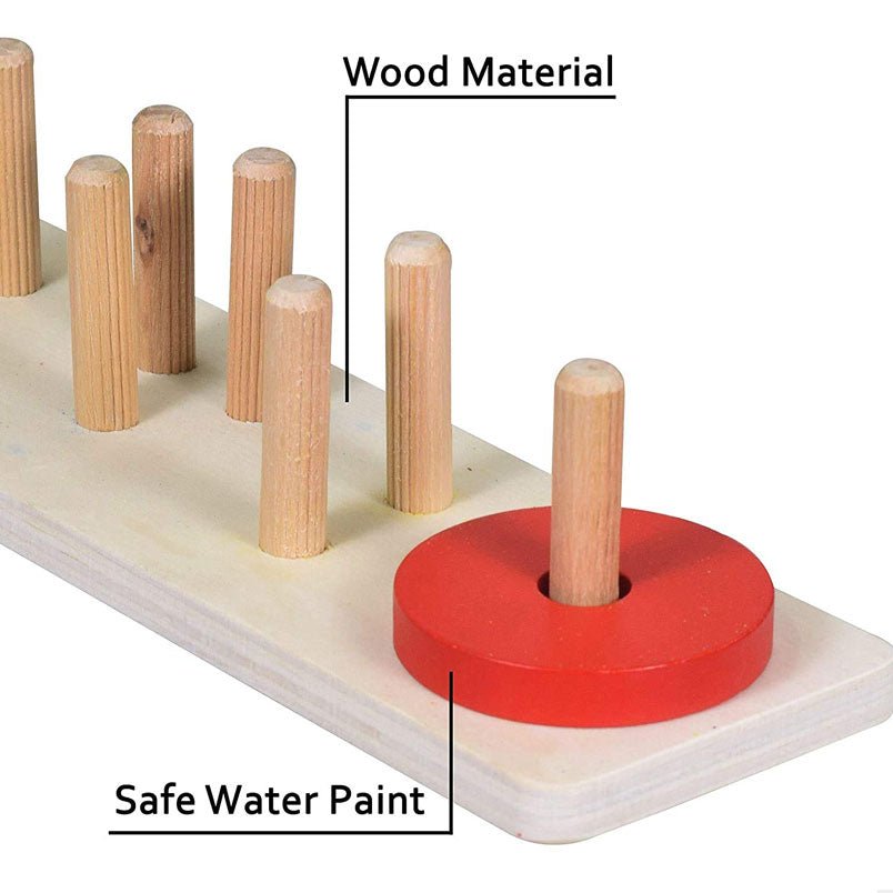 Huitich wooden geometric shape sorter toy with natural wood pegs and red circular shape on wooden base Huitich wooden geometric shape sorter toy with natural wood pegs and red circular shape on wooden base