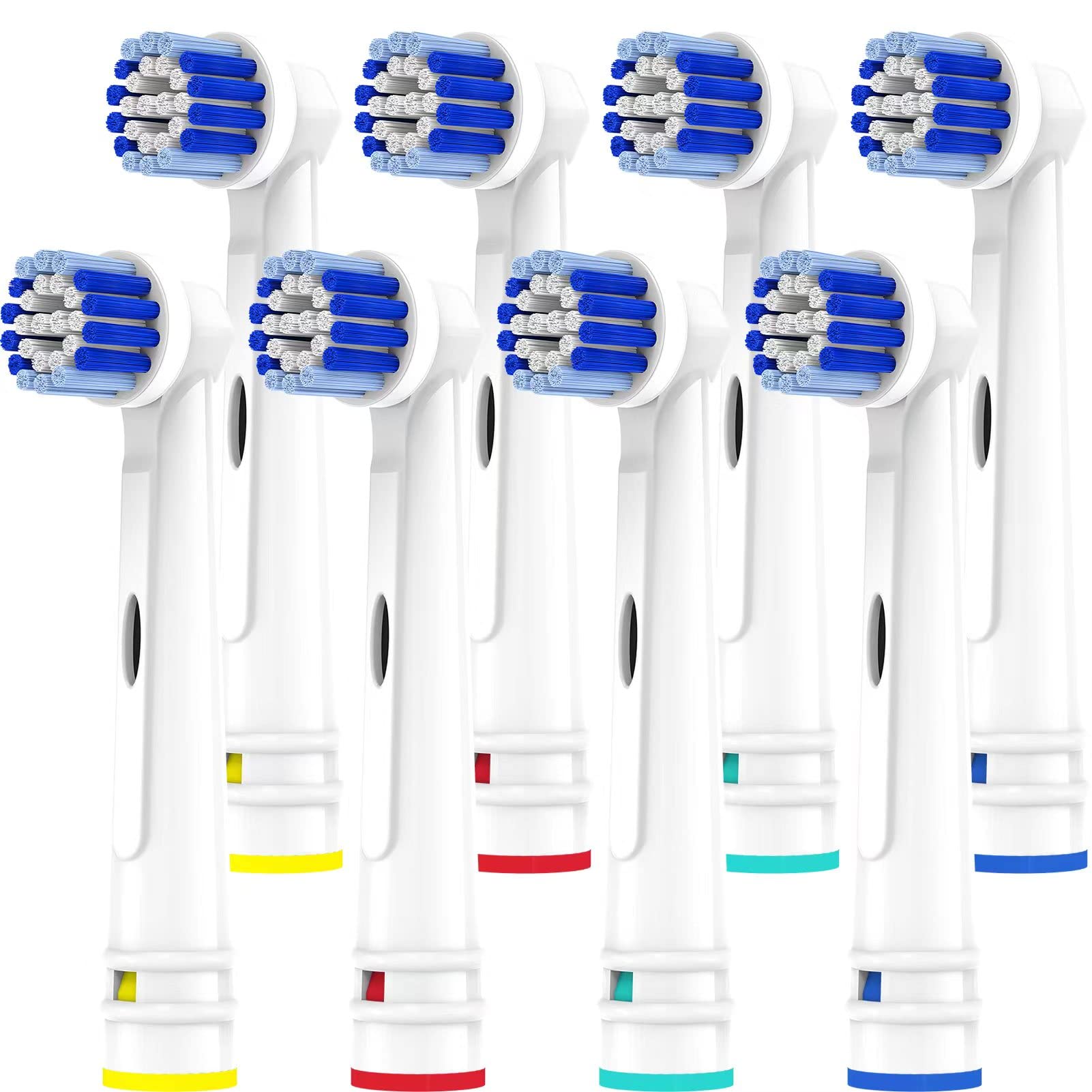 Voguish pack of eight replacement toothbrush heads for Oral B. White handles with colored rings and round blue bristles Voguish pack of eight replacement toothbrush heads for Oral B. White handles with colored rings and round blue bristles