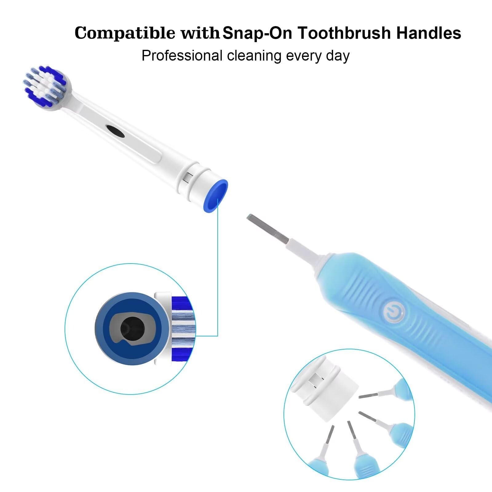 Voguish replacement toothbrush heads for Oral B compatible snap on white brush heads with blue bristles and blue handle attachment Voguish replacement toothbrush heads for Oral B compatible snap on white brush heads with blue bristles and blue handle attachment