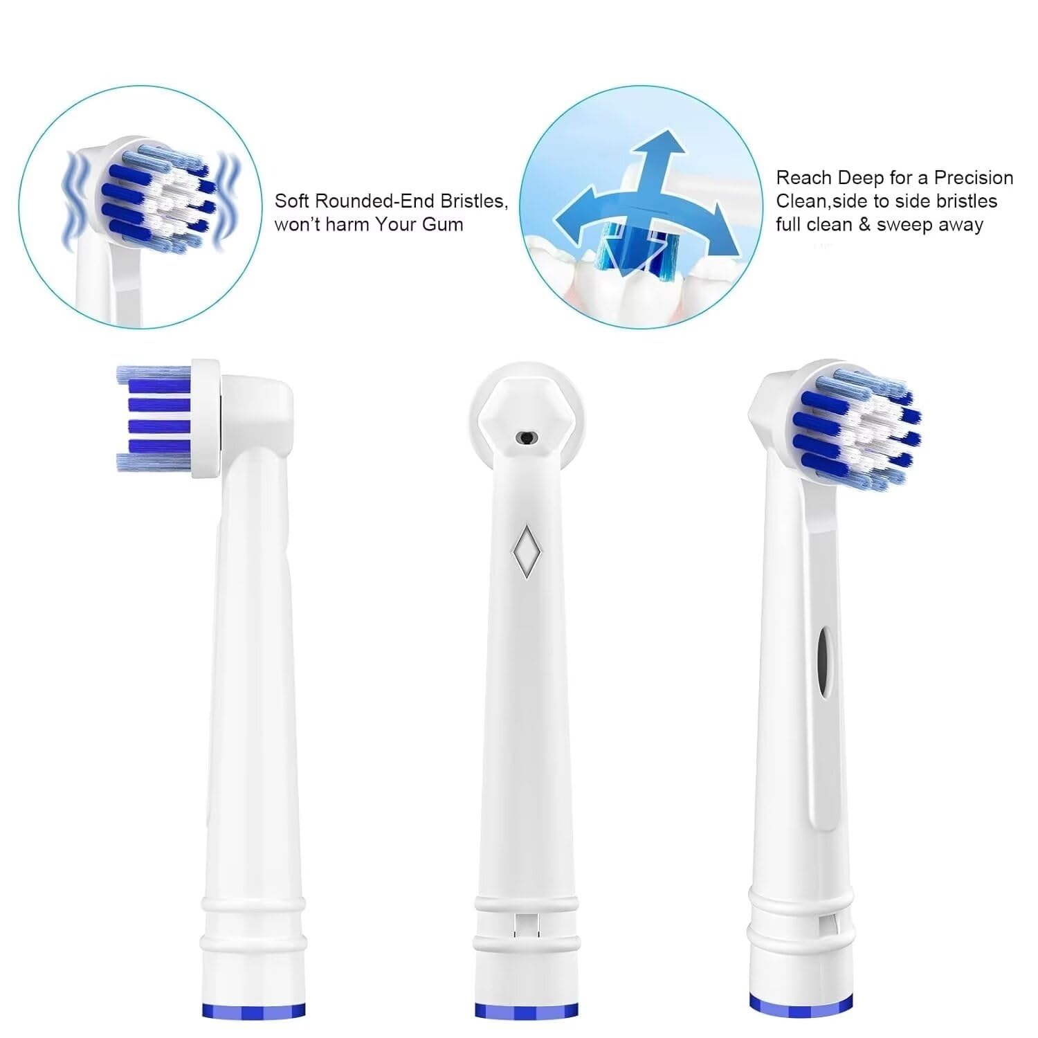 Voguish replacement toothbrush heads for Oral B three white brush heads with soft blue rounded bristles Voguish replacement toothbrush heads for Oral B three white brush heads with soft blue rounded bristles