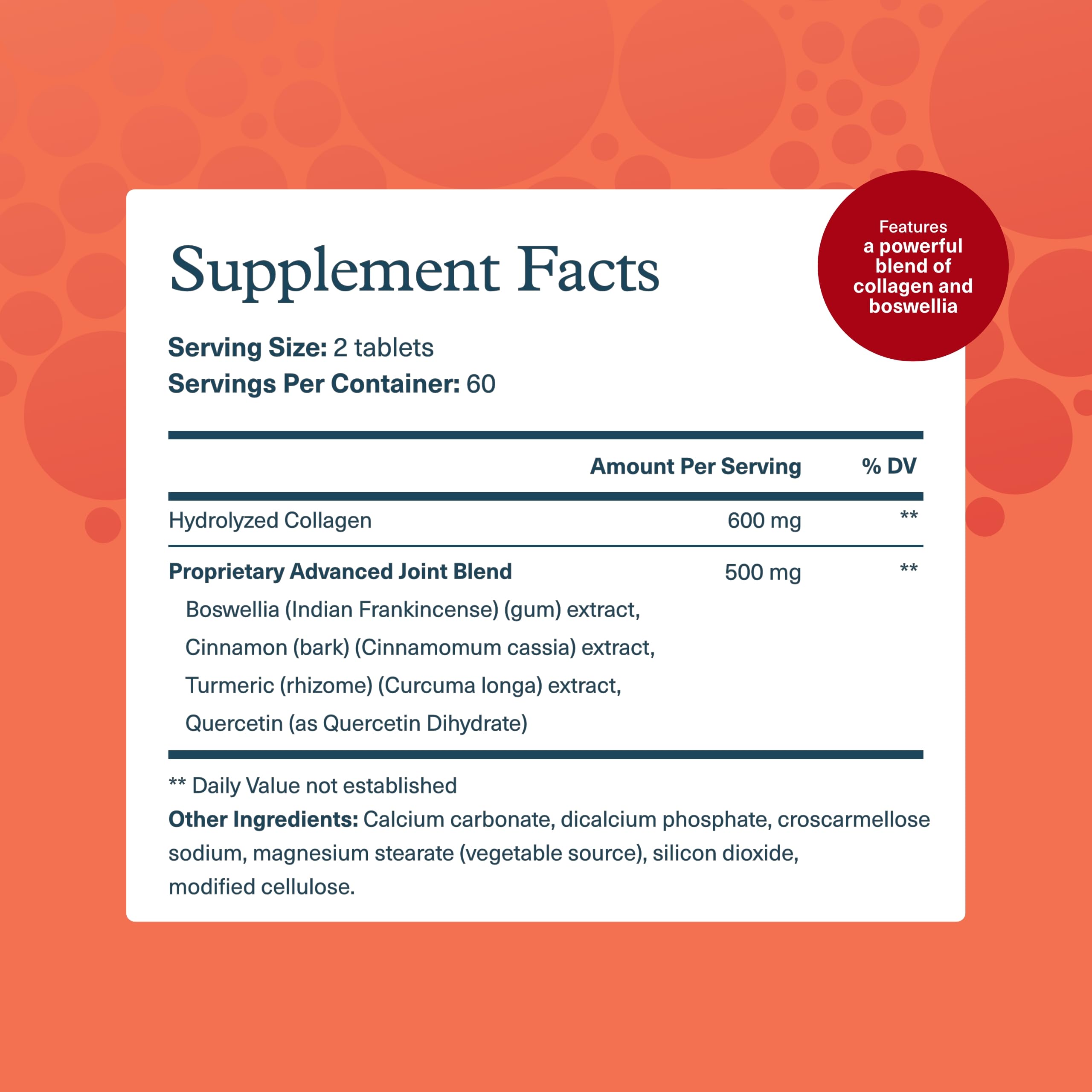 Youtheory joint support with turmeric and boswellia supplement facts panel showing collagen 600 mg and blend Youtheory joint support with turmeric and boswellia supplement facts panel showing collagen 600 mg and blend