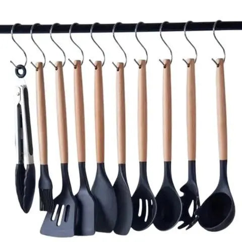 19 Piece Black Silicone Utensils With Knife, Cutting Board, And Gadgets - Mumzar