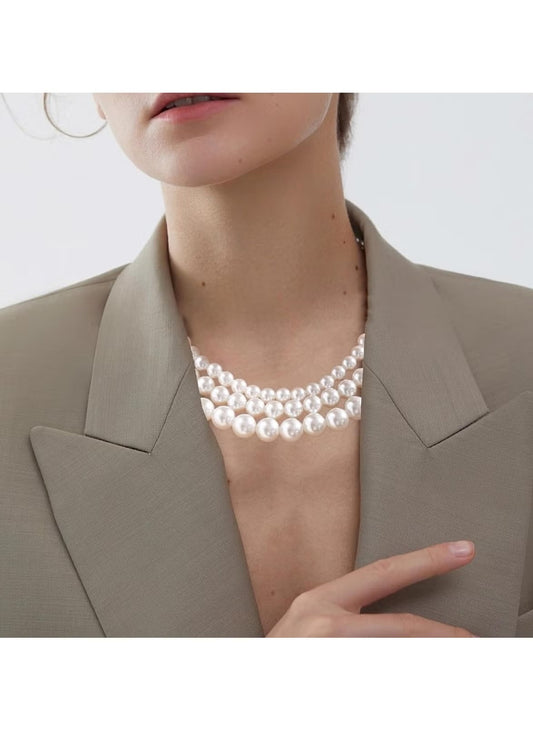 Multi-Layer Pearl Necklace - White, Lightweight & Elegant