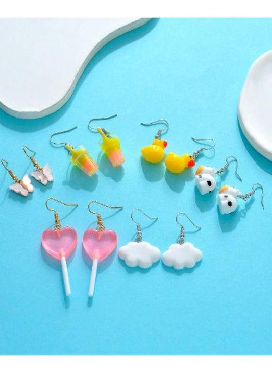 Fun & Cute Dangle Earrings Set - 6 Pairs with Colorful Designs