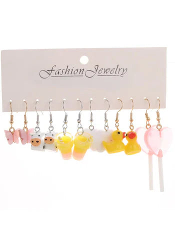 Fun & Cute Dangle Earrings Set - 6 Pairs with Colorful Designs