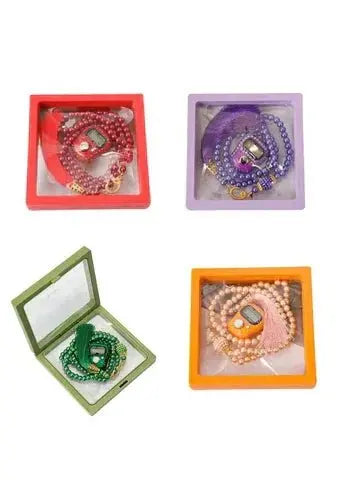 Digital Elegance 99 Glass Bead Tasbeeh Gift Set with Digital Counter - Available in Blue, Black, White, Purple, Orange, and Red - Mumzar