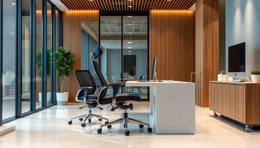 A stylish ergonomic office chair in a modern Dubai office