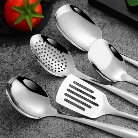 5 Piece Stainless Steel Utensil Set In Silver with wooden handles