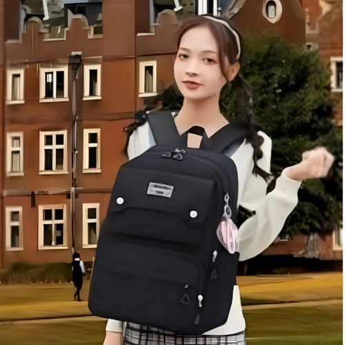 Stylish Black School Backpack with Cute Keychain Accessory