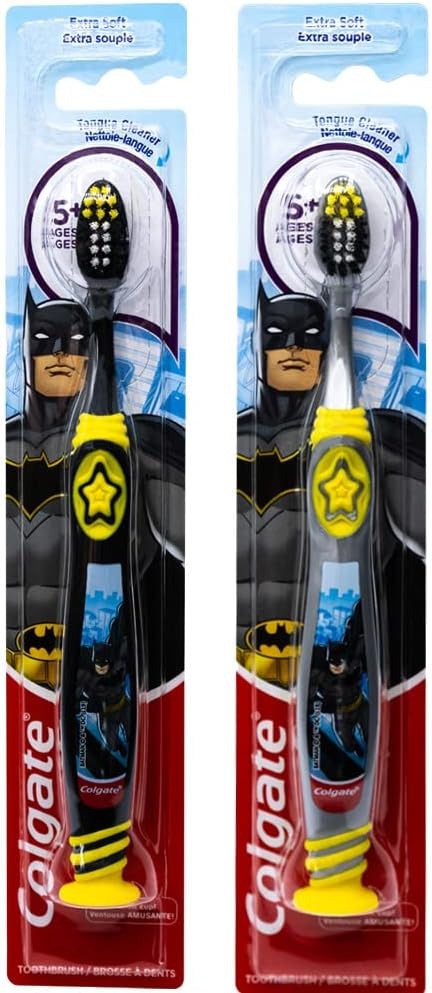 Colgate Batman Toothbrush for Children with Suction Cup, Kids 5+ Years Old, Extra Soft (Colors Vary) - Pack of 2