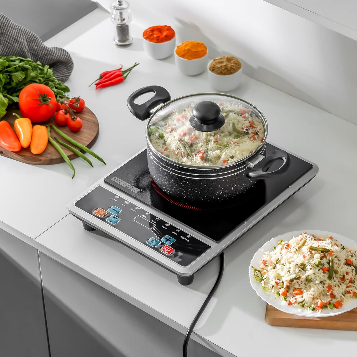 Geepas Digital Infrared Cooker- GIC6101N| Single Cooking Hob, 2000-Watt Infrared Burner With 10 Level Adjustable Temperature| Button Control, Multi Functions| Black, 2 Years Warranty