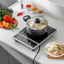 Black digital infrared single cooking hob with button control and cooking pot on top