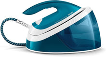 Philips teal and white steam generator iron with cord and base, side view