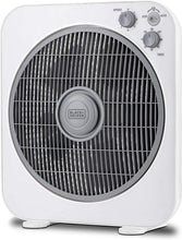 Black & Decker box fan with front grille, round center, and white square housing