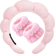 Pink padded terry headband with plush bow for women and girls hair