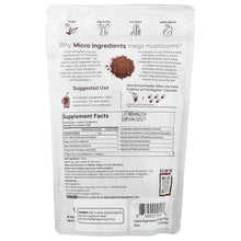 Organic mega mushrooms powder pouch back with Supplement Facts panel and barcode