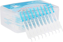 Interdental brush floss picks set in clear plastic storage box, blue tips