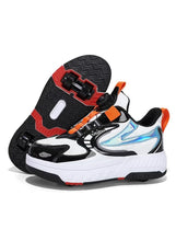 White and black roller skate sneakers with hidden wheels and orange accents