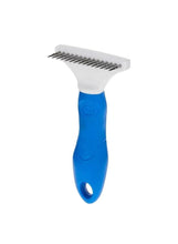Dog grooming rake with blue handle and stainless metal teeth
